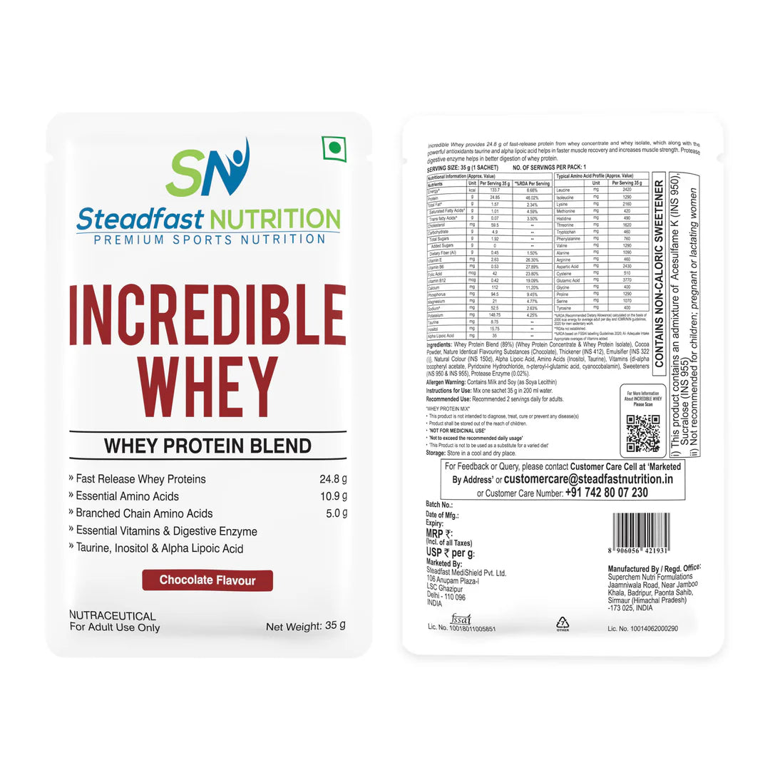 Steadfast Nutrition Incredible Whey – Chocolate Flavour | Fast Absorption Protein Sachets (6, 15, 30 Packs)