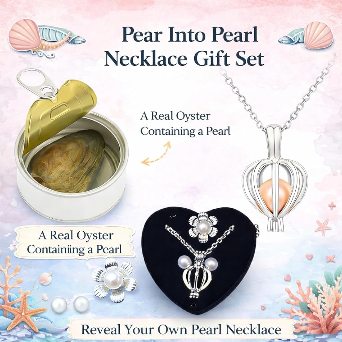 Freshwater Shell Canned Oyster Ocean Love Real Pearl Necklace Set Plus Earrings & Ring